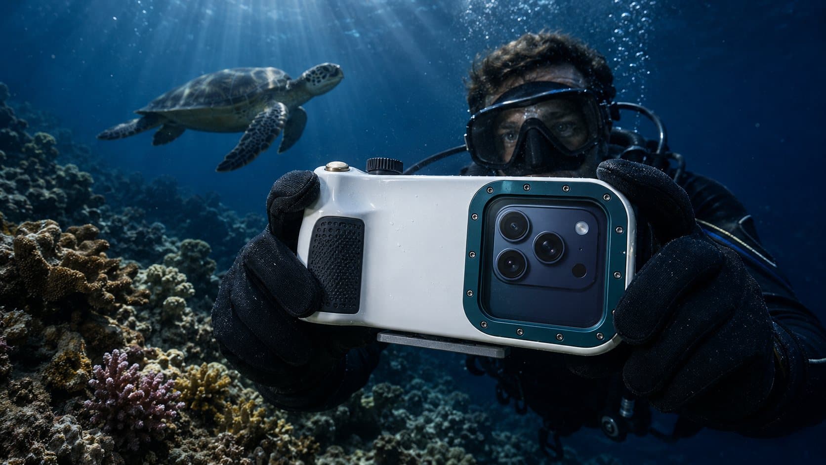 A diver with an iPhone housing, a sea turtle swimming past