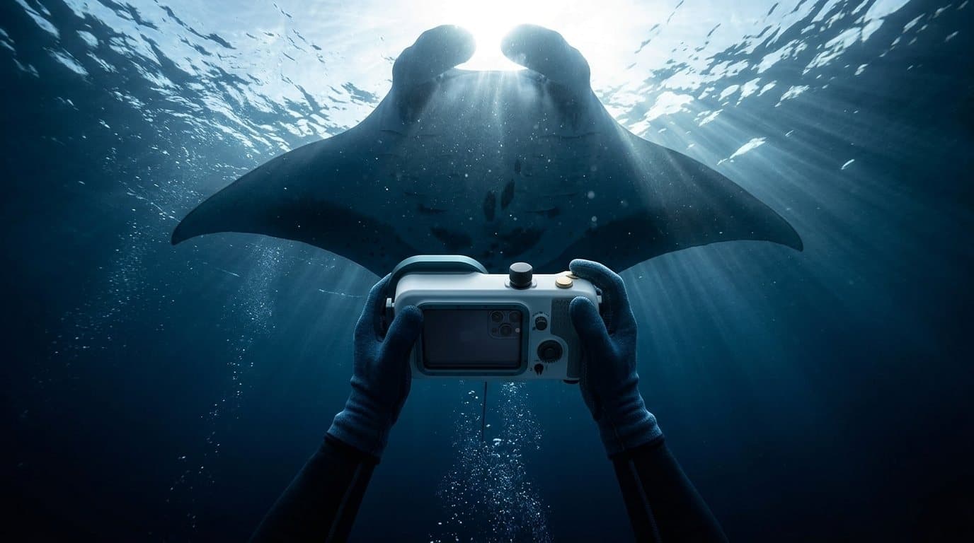 A diver holding an iPhone housing up to a manta ray gliding overhead