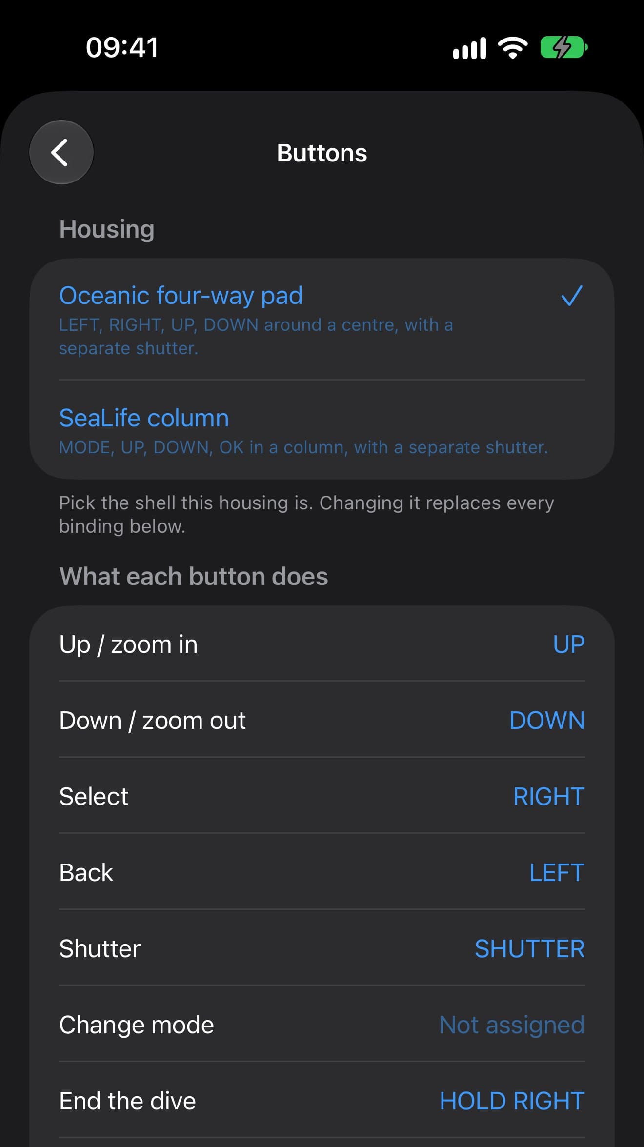 The Buttons screen: every housing button and what it does
