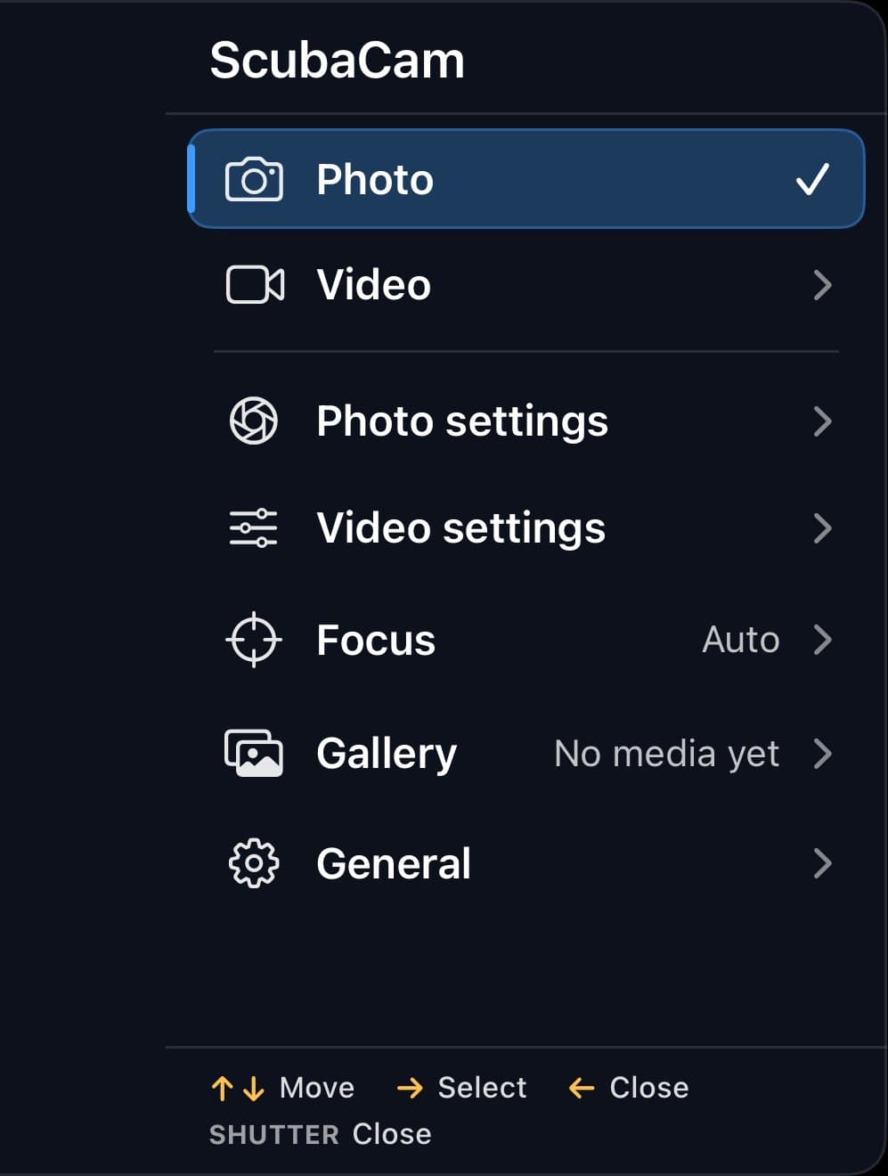 The dive menu: Photo, Video, Photo settings, Video settings, Focus, Gallery and General, with the housing's buttons listed along the bottom